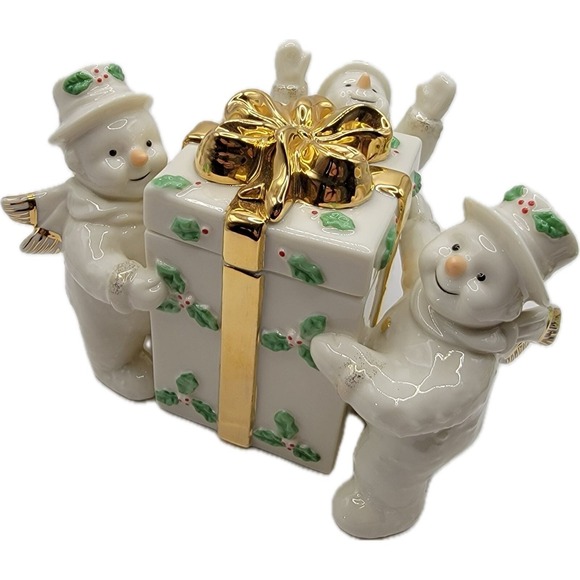 Mikasa Other - Mikasa Snowman Trio Figure Ribbon Holly Trinket Box Lid Porcelain FK017 W/Box